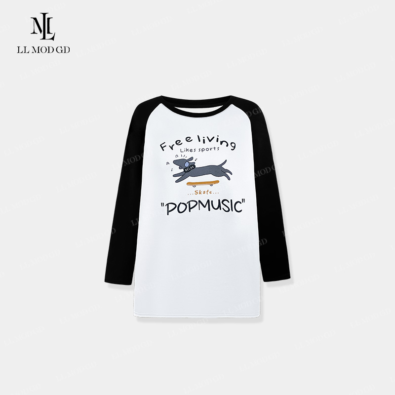 卡通涂鸦 长袖圆领打底衫女款秋冬加绒保暖宽松百搭上衣XR-254658