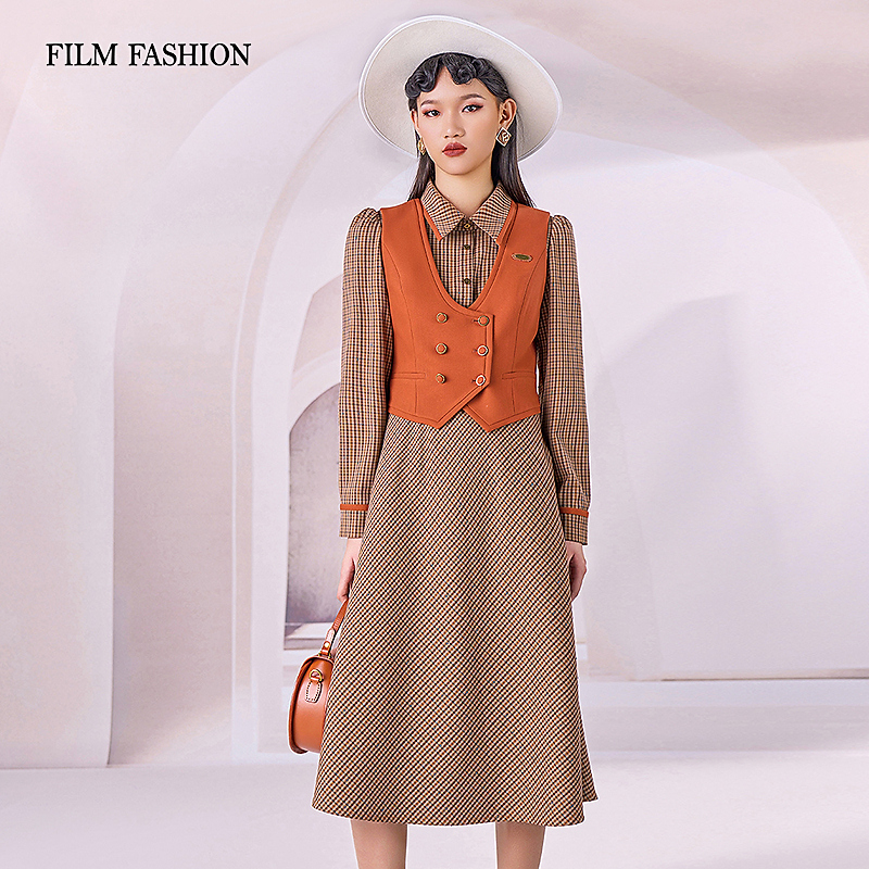 春季格子马甲连衣裙（两件套）FEIL142502显瘦气质