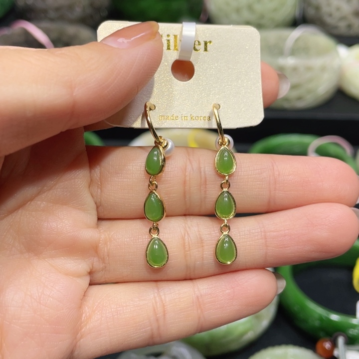 和田玉耳饰银S925镶嵌