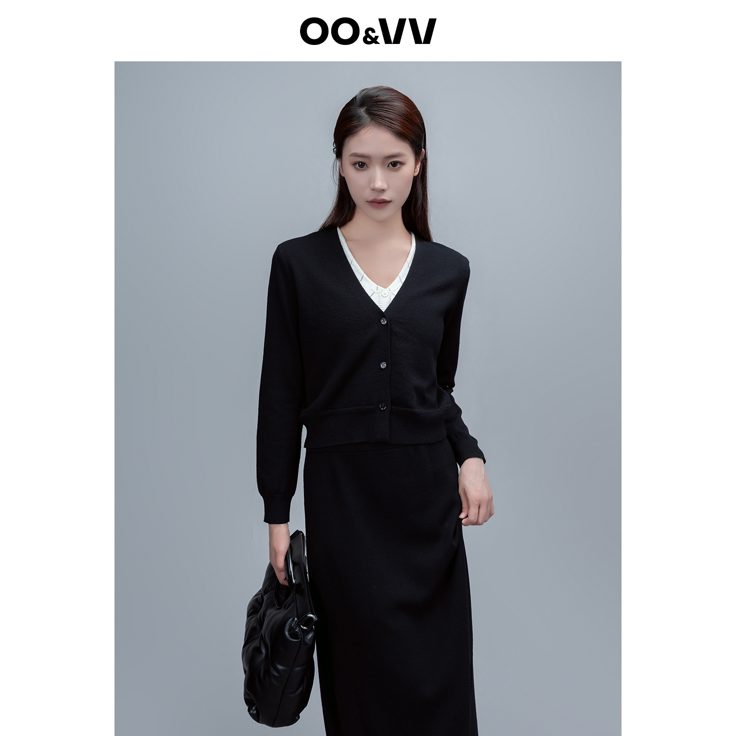 OO&VV时尚两件套女2025秋高级感气质小V领假两件拼接短外套半身裙