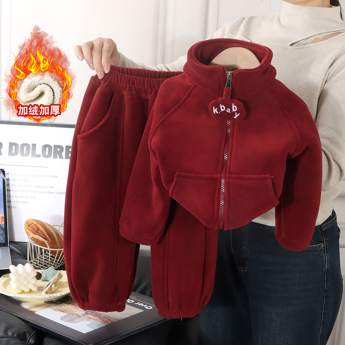 男女童韩版加厚卫衣外套裤子两件套冬季套装加绒保暖