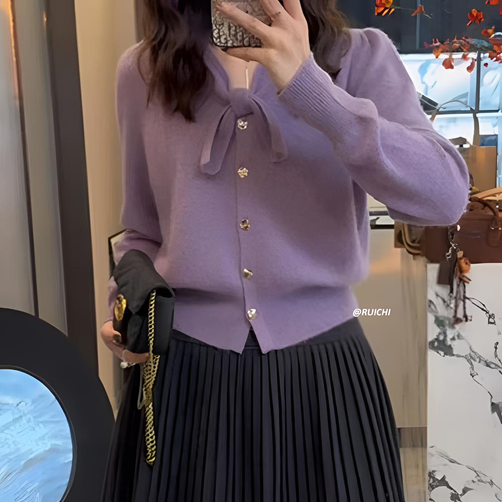 2025秋冬新款v领系带设计金属扣氛围感高级短款长袖针织开衫上衣