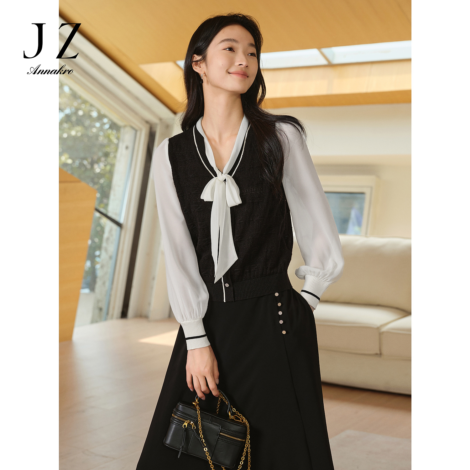 【籽言专属】玖姿安娜蔻JTEC31014法式假两件蝴蝶结飘带领毛衫女