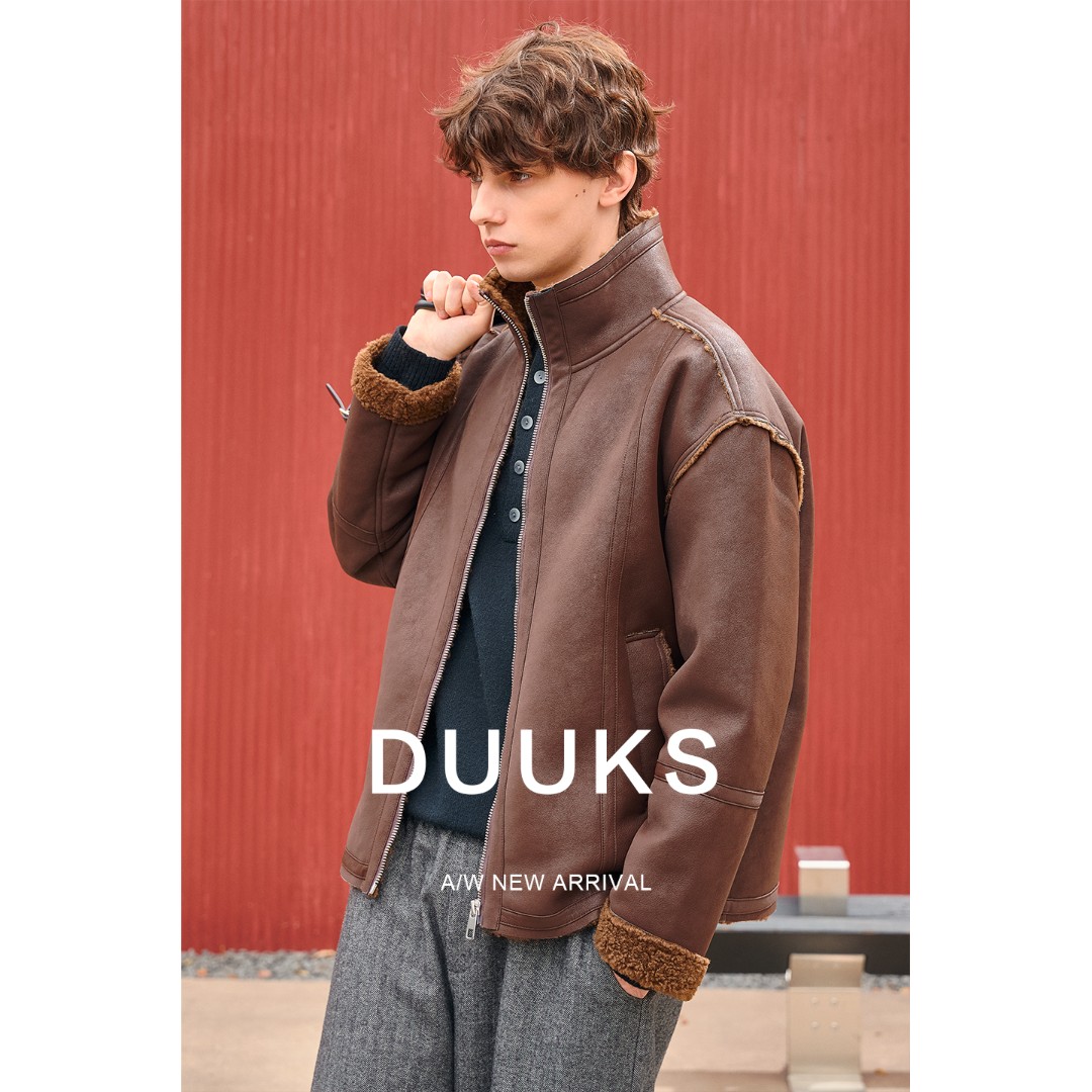 DUUKSpu仿皮毛一体羊羔毛男士加绒加厚外套秋冬季颗粒绒夹克短款