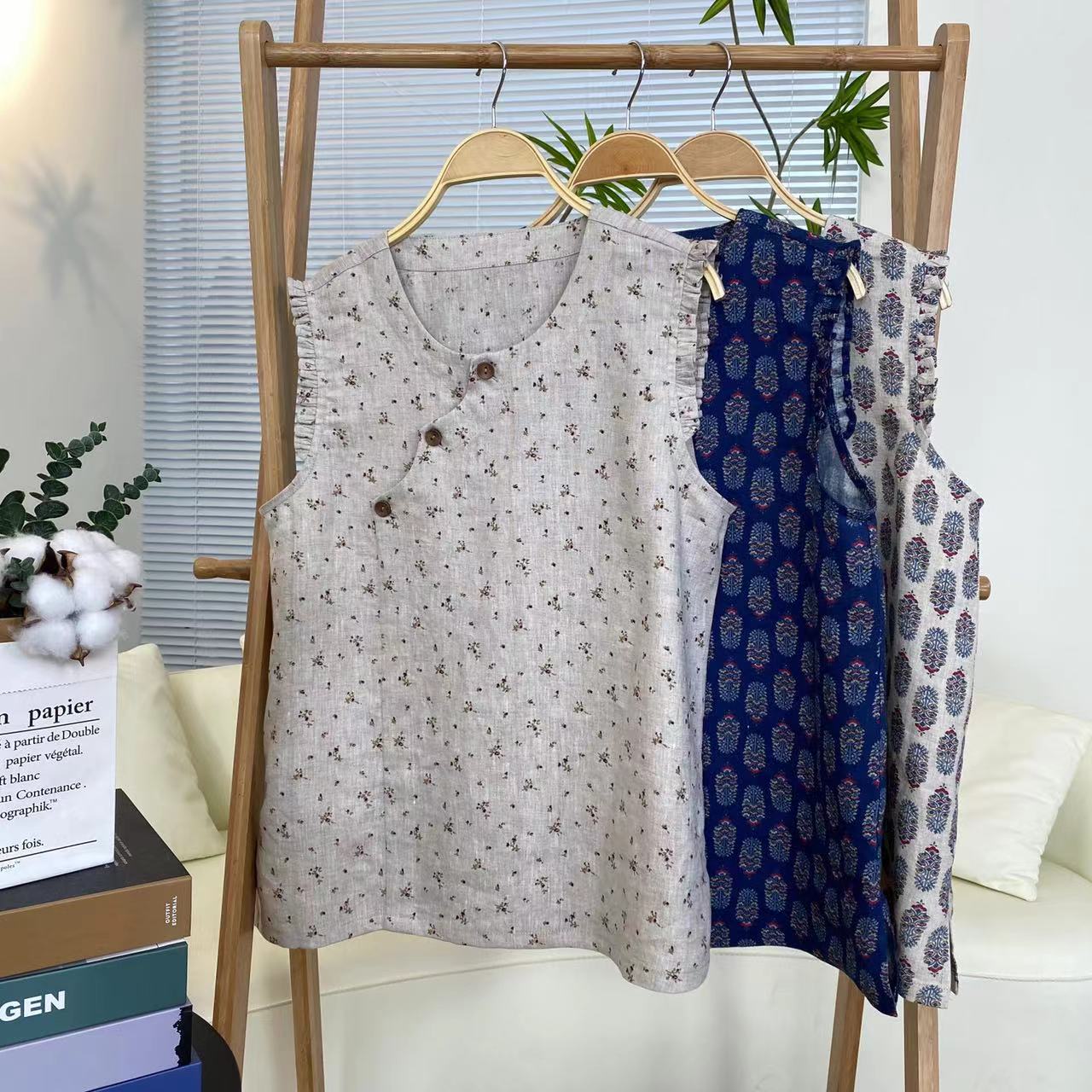 兰姐服饰直播间新款时尚百搭印花荷叶边小飞袖上衣1121