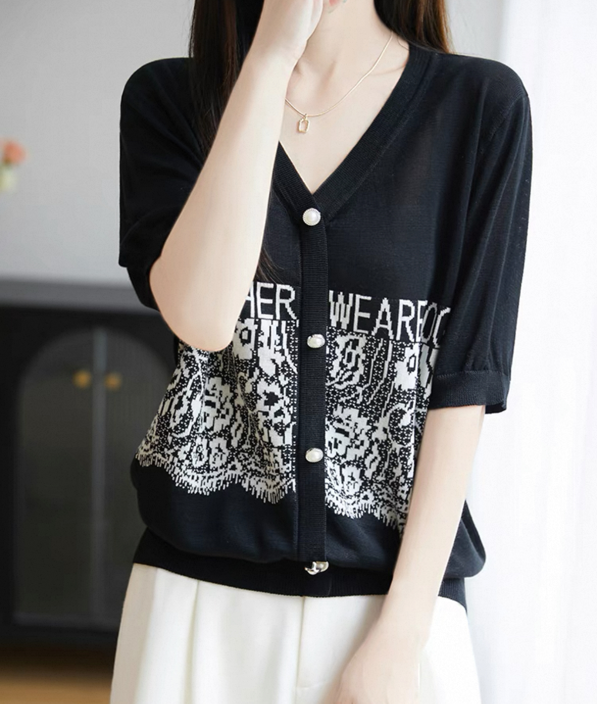 【欧琲】M-778#V领半袖开衫提花