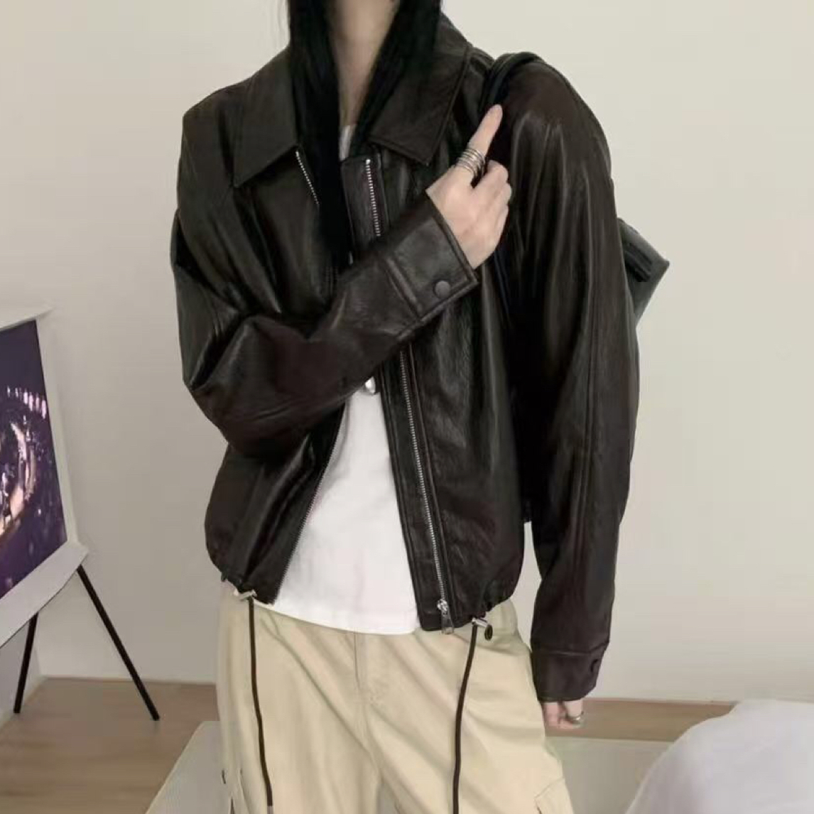 女士秋季短款网红街头风早秋甜酷机车皮衣长袖