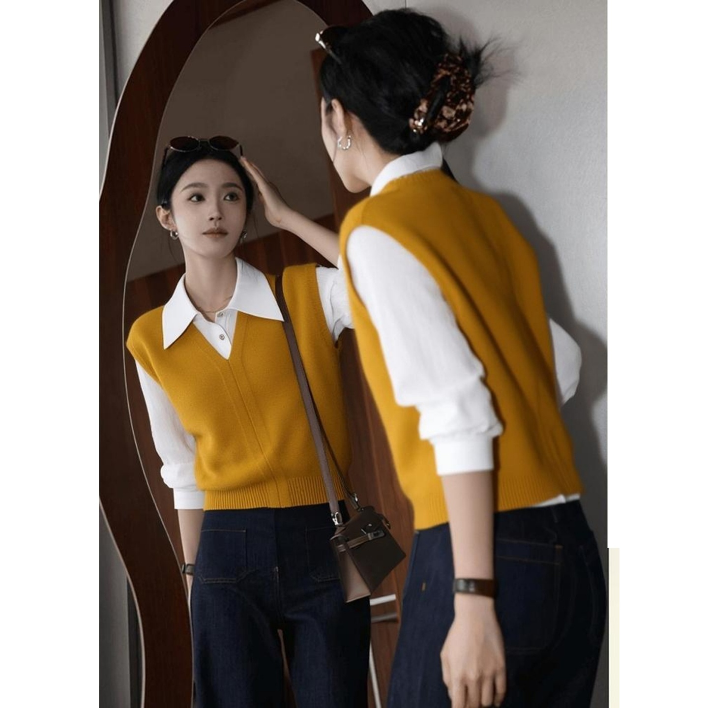 黄色拼接假两件衬衫针织衫毛衣女款2025新款巨好看的冬装内搭上衣