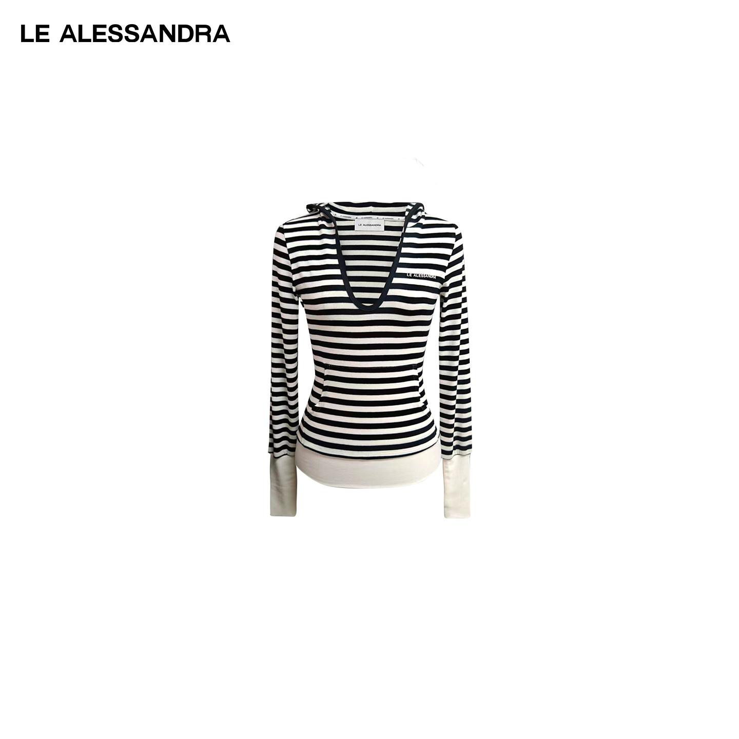 品牌直营 LE ALESSANDRA U领撞色条纹连帽修身卫衣内搭