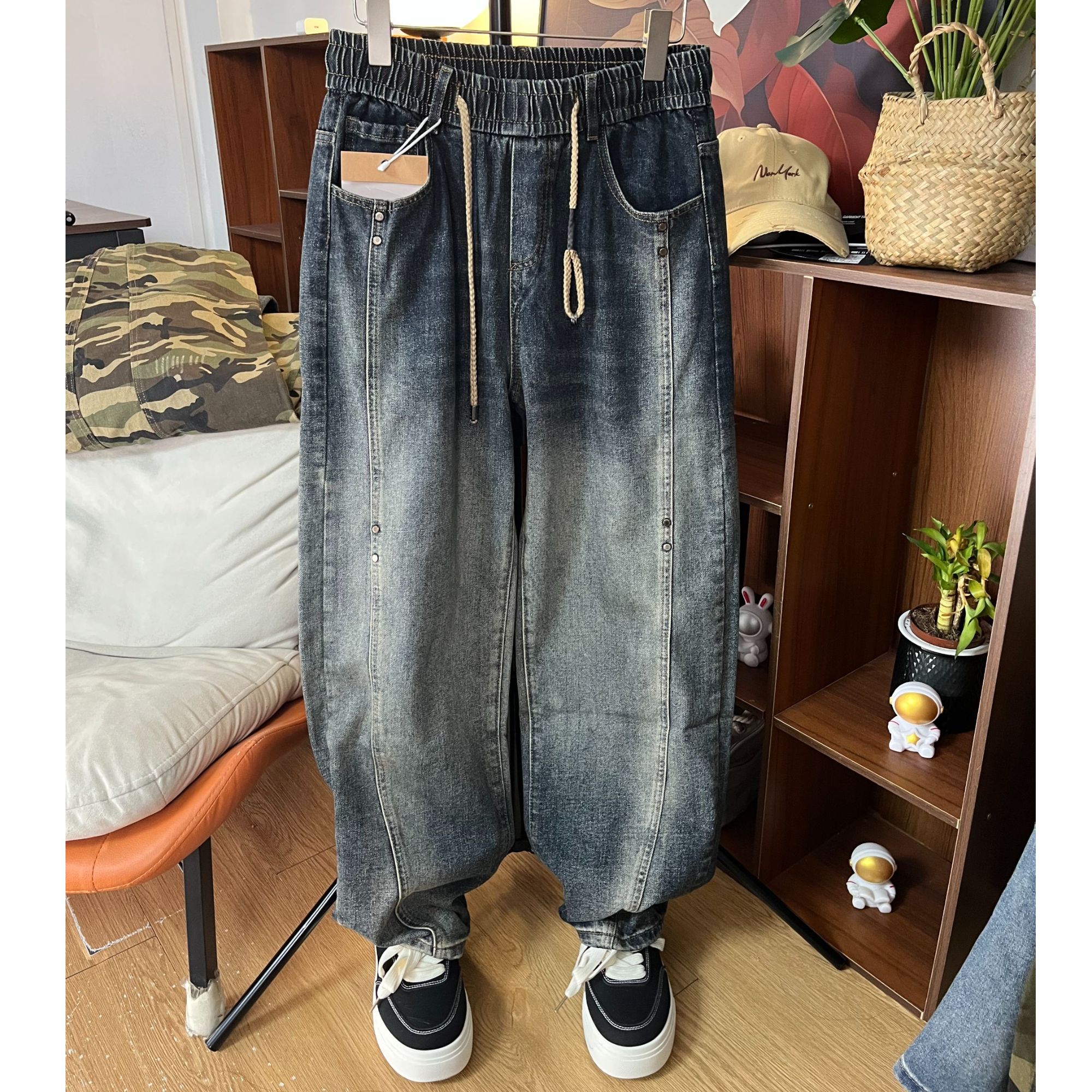 强盛弯刀牛仔裤男秋冬宽松男女新款休闲裤复古做旧直筒加绒裤子