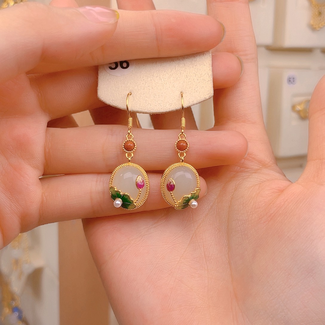 和田玉耳饰银S925镀金镶嵌