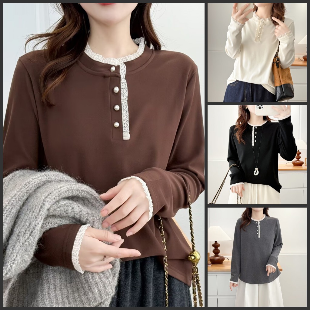 110-190斤微胖大码女装胖mm秋冬精致内搭花边领德绒长袖T恤打底衫