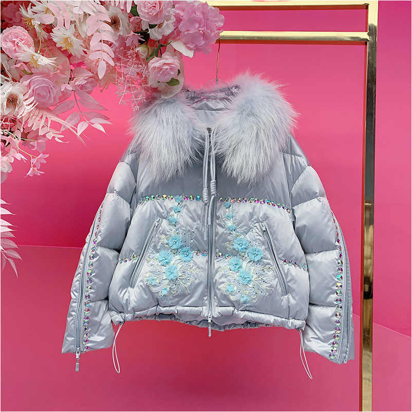 A5379欧美设计师2025冬季新款钉钻刺绣花貂子毛领鹅绒羽绒外套女