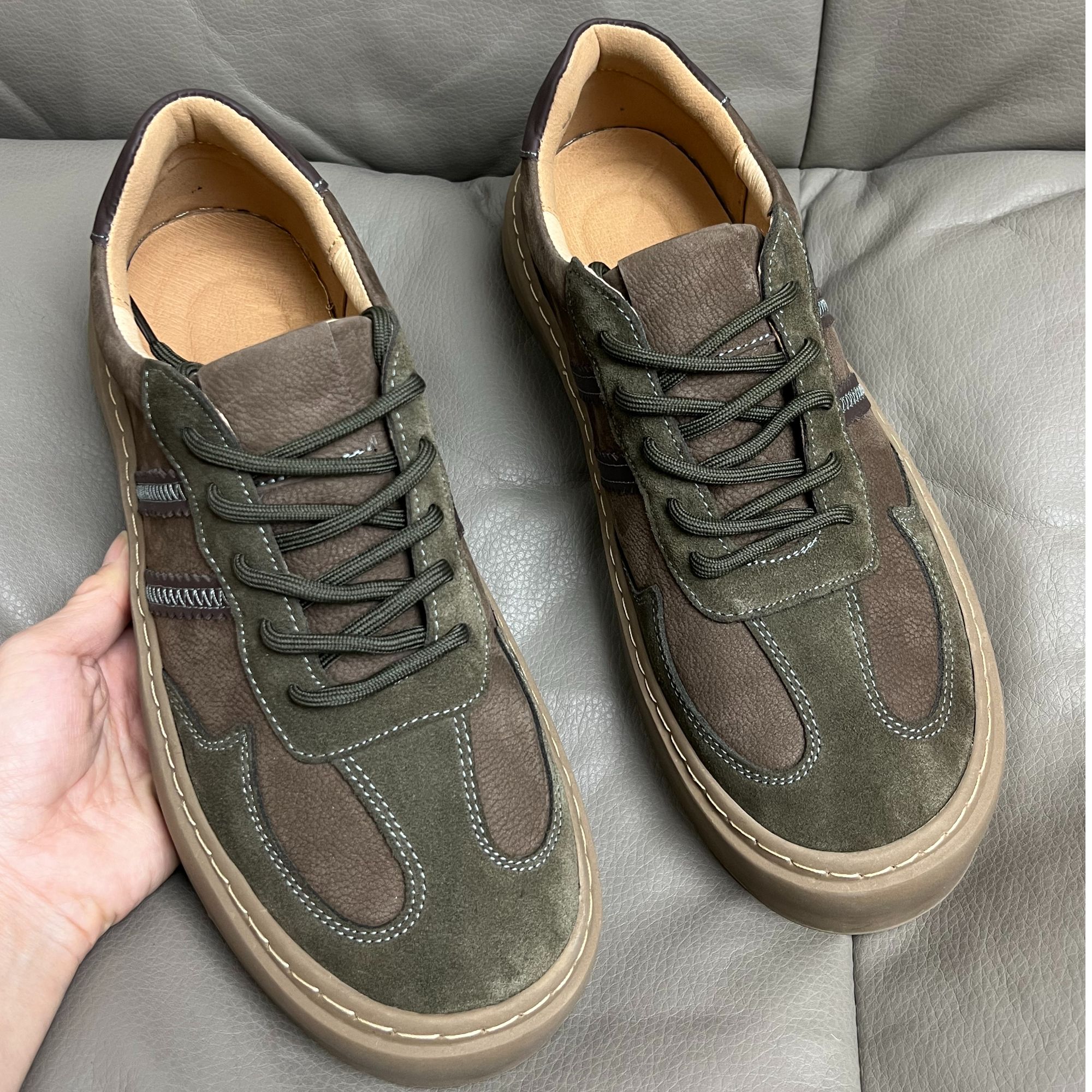 秋冬新款真皮男鞋低帮系带青年板鞋百搭磨砂潮鞋复古德训鞋翻毛皮