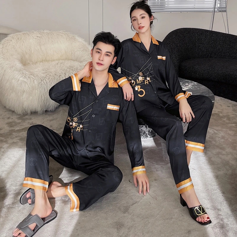 【上海故事】新款橙色双C情侣同款时尚高档睡衣女春秋轻奢感家居服