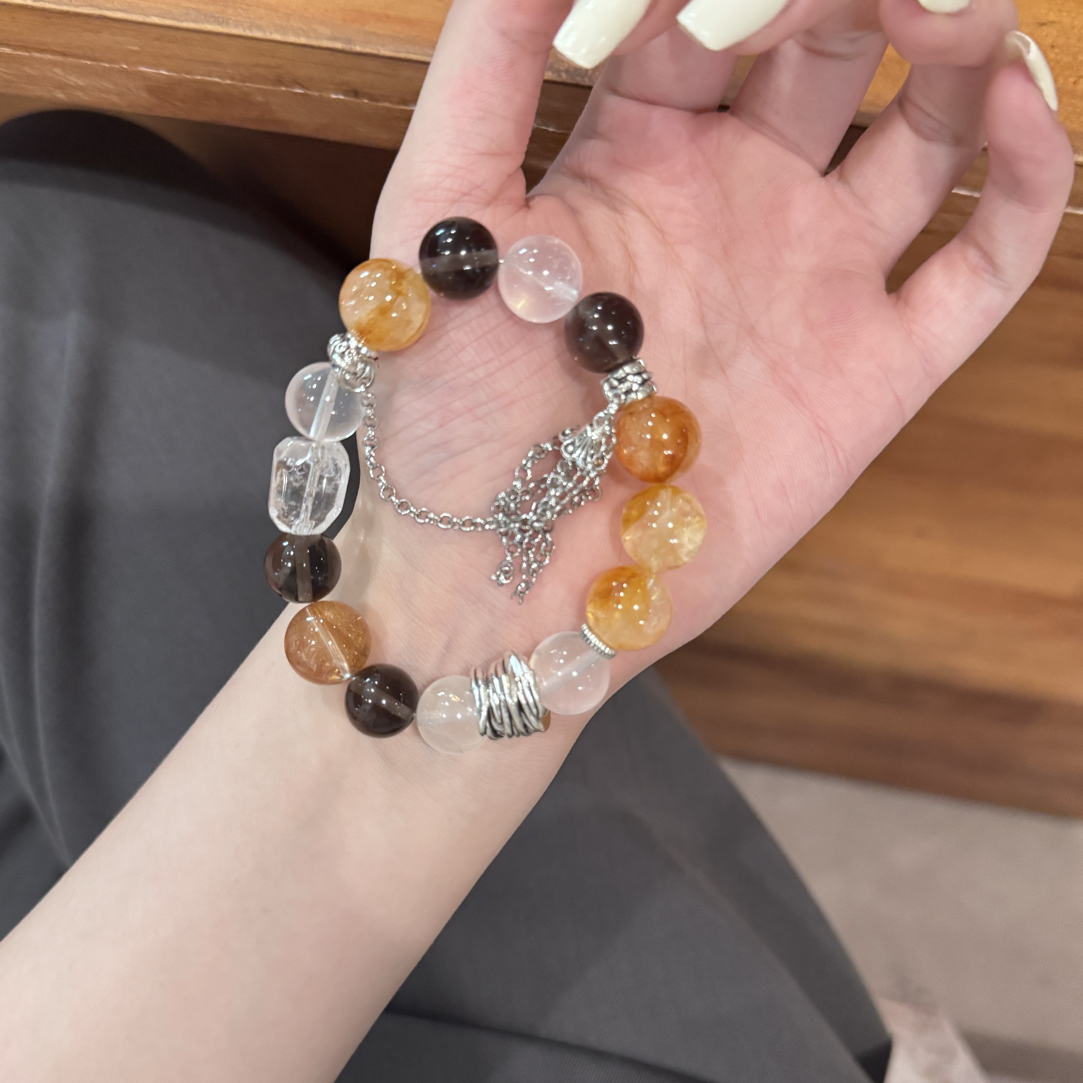 手串黑茶晶➕黄胶花➕白水晶diy原创设计款