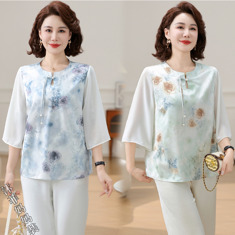 气质妈妈夏装短袖雪纺衫薄款上衣洋气中老年女减龄T恤女宽松遮肚