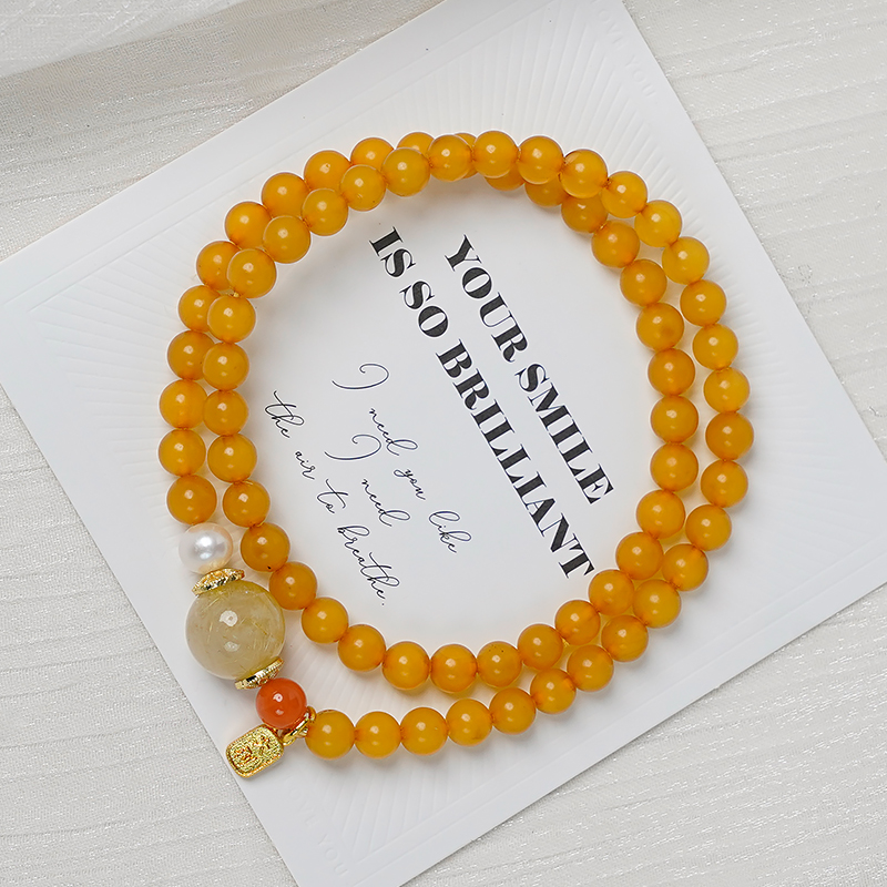 轻奢高货天然多圈蜜蜡发晶南红玛瑙淡水珍珠单圈手串手链 -9316