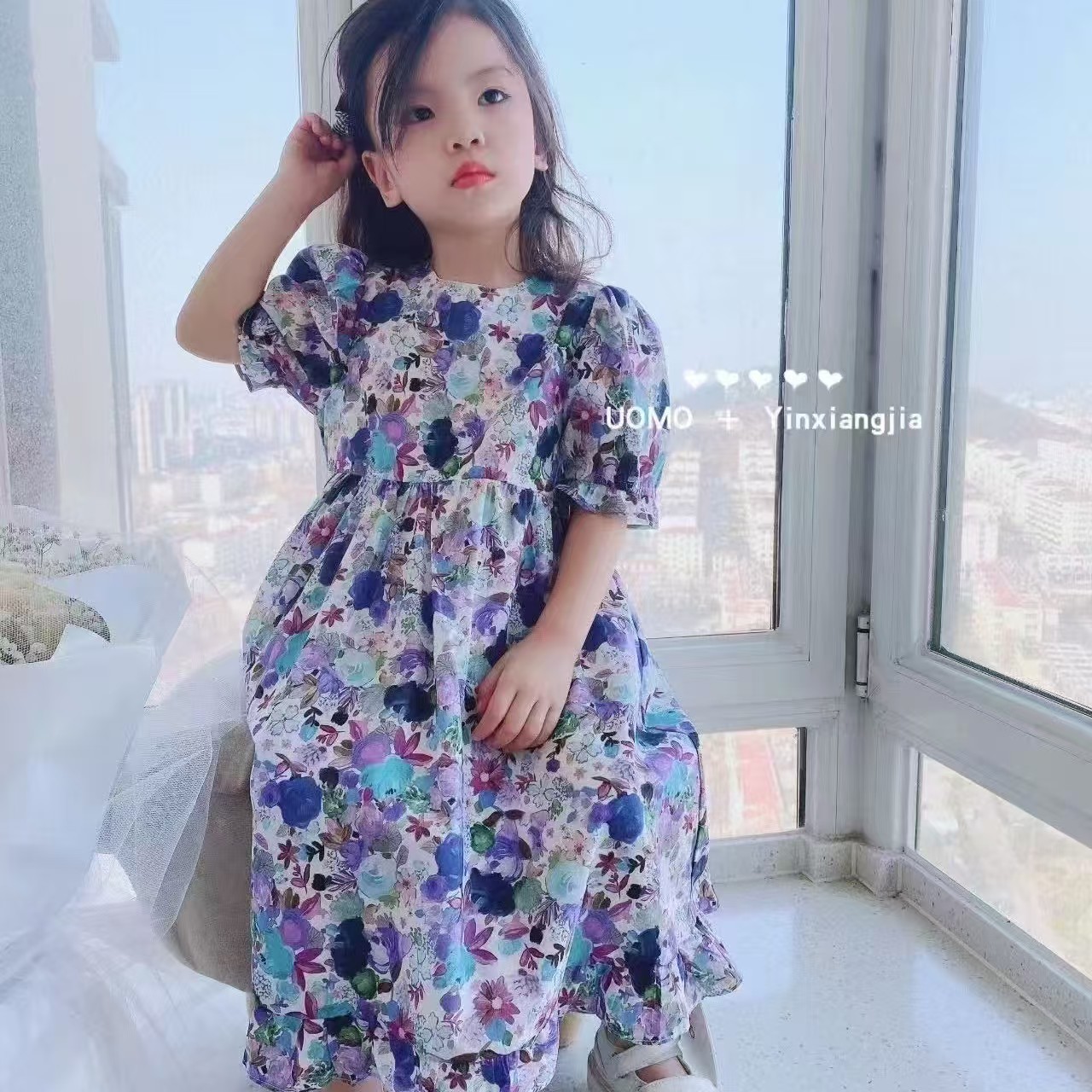 短袖紫色夏季女蓝色连衣裙A字裙女童童装碎花泡泡袖