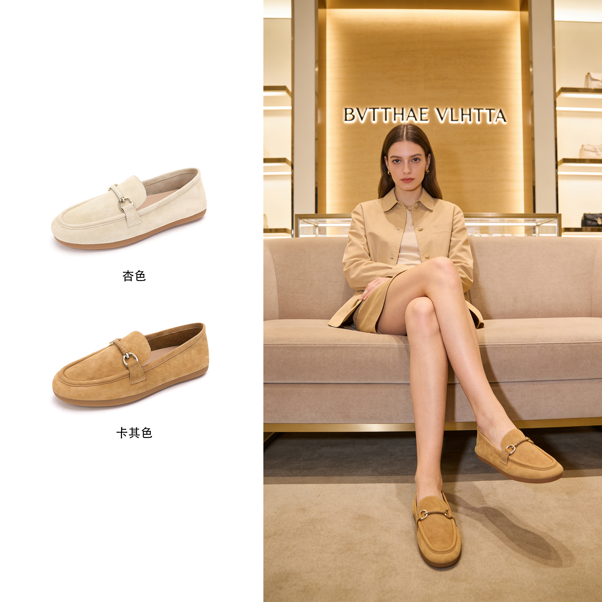 【官方正品】【5G防伪芯片】BV女士绒面通勤休闲风平底乐福单鞋