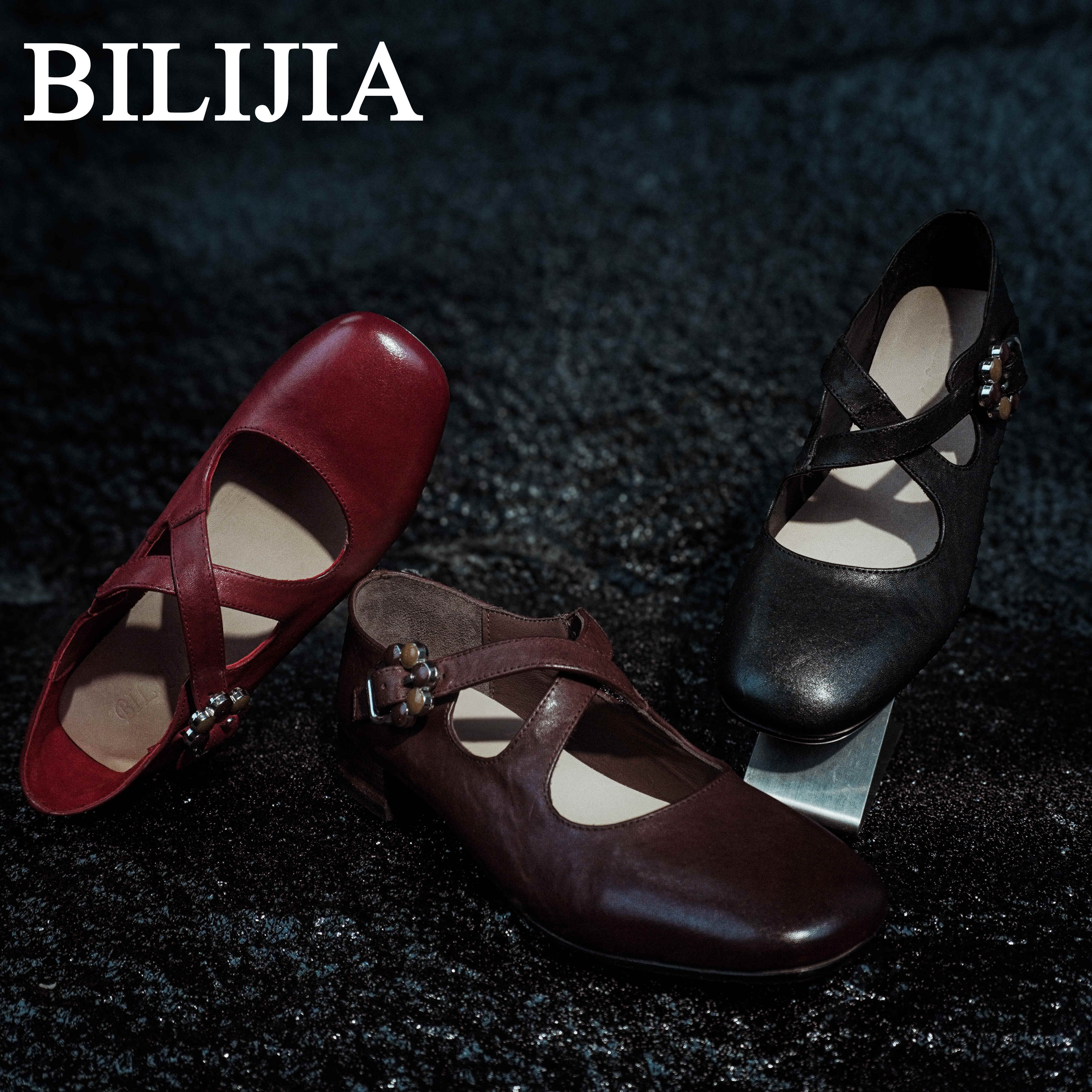 【BILIJIA】交叉绑带水洗牛皮粗跟圆头柔软舒适通勤女鞋BLD030