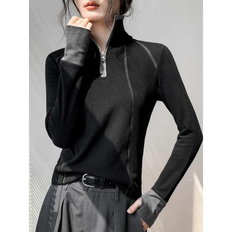 半拉链立领卫衣长袖打底衫女秋冬修身显瘦内搭撞色德绒运动风上衣