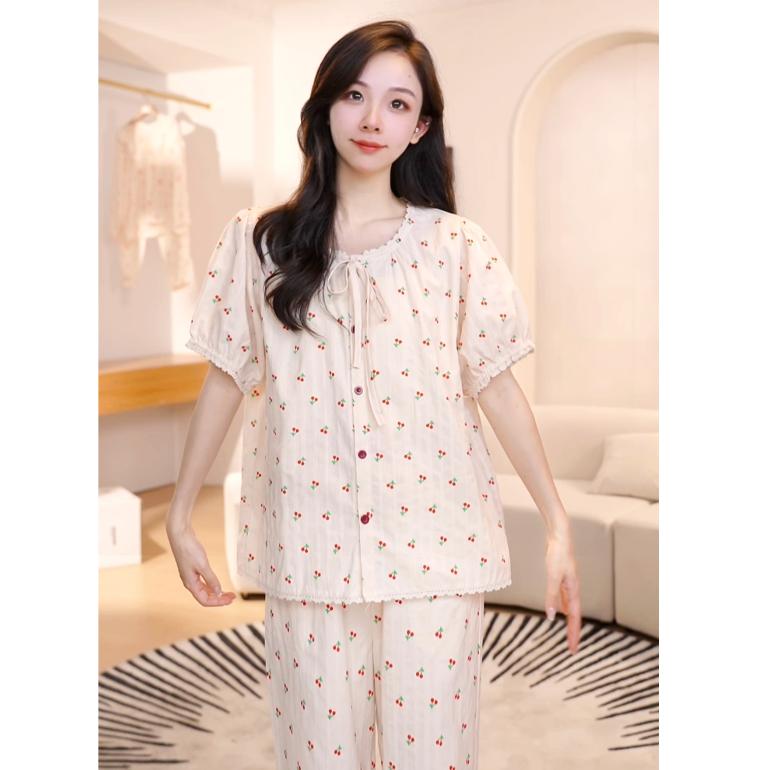 【莎莎专属】新款2025纯棉短袖宽松睡衣女夏季家居服85YY-85206