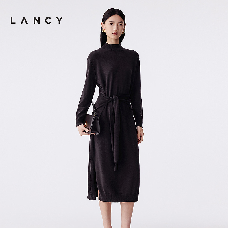 【100%羊毛】LANCY/朗姿2025冬季新款半高领绵羊毛黑色针织连衣裙
