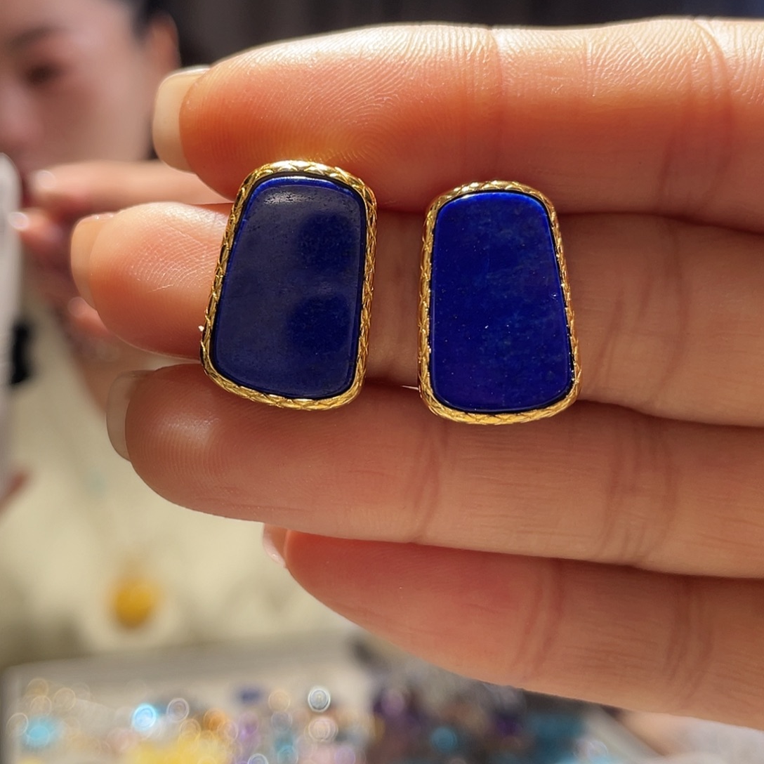 青金石银S925镶嵌耳饰大气款