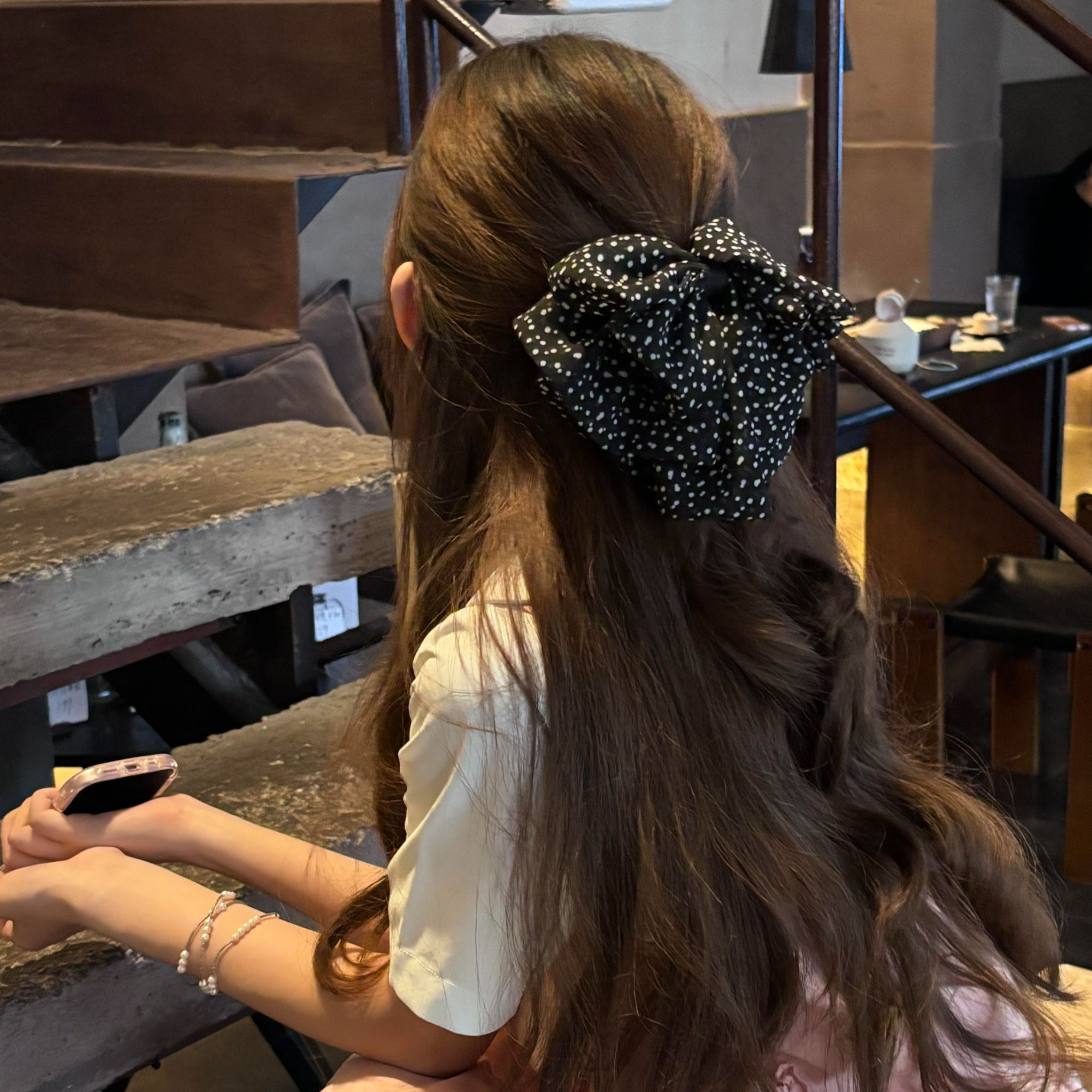 韩系黑色波点蝴蝶结抓夹女2025新款盘发鲨鱼夹气质半扎发夹子头饰