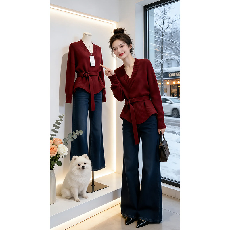 通勤风V领收腰系带针织衫女长袖红色毛衣设计感针织衫秋冬氛围感