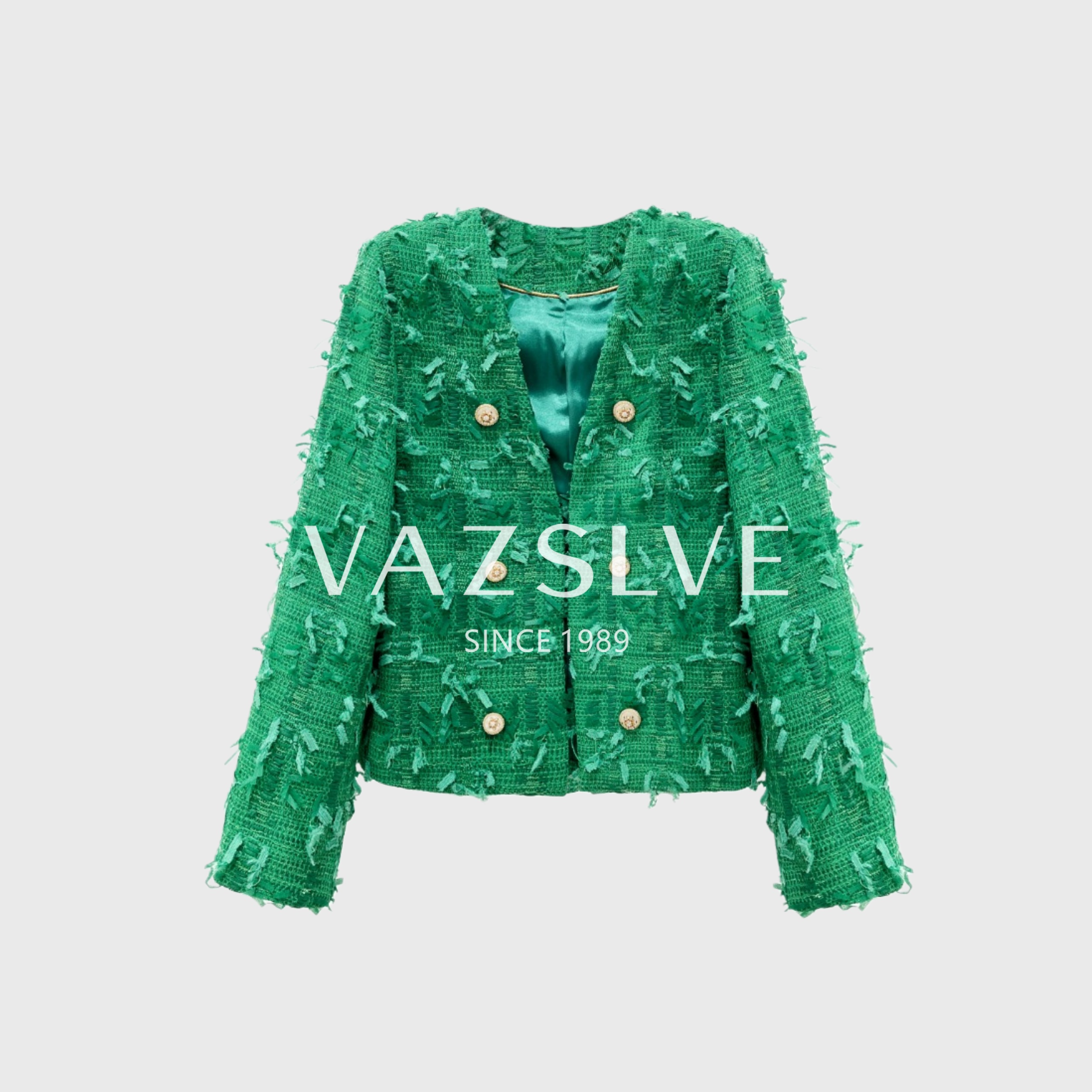 时尚小香风外套秋季女外套 轻奢绿色编织气质粗花呢法式重工