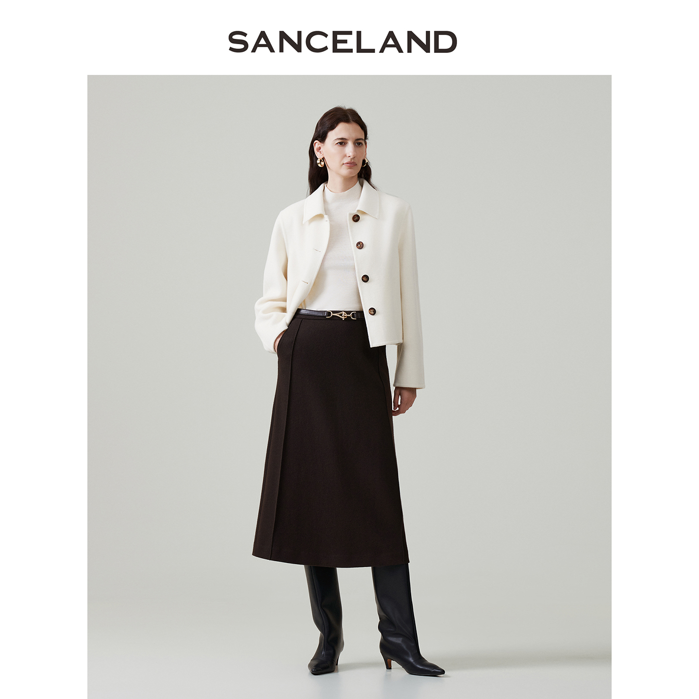 SANCELAND三石一澜冬新款针织羊毛长款直筒开叉半身裙SJ43103059