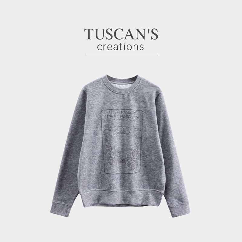 TUSCAN'S CREATIONS宽松磨毛抓绒卫衣套头上衣圆领春秋女卫衣印花