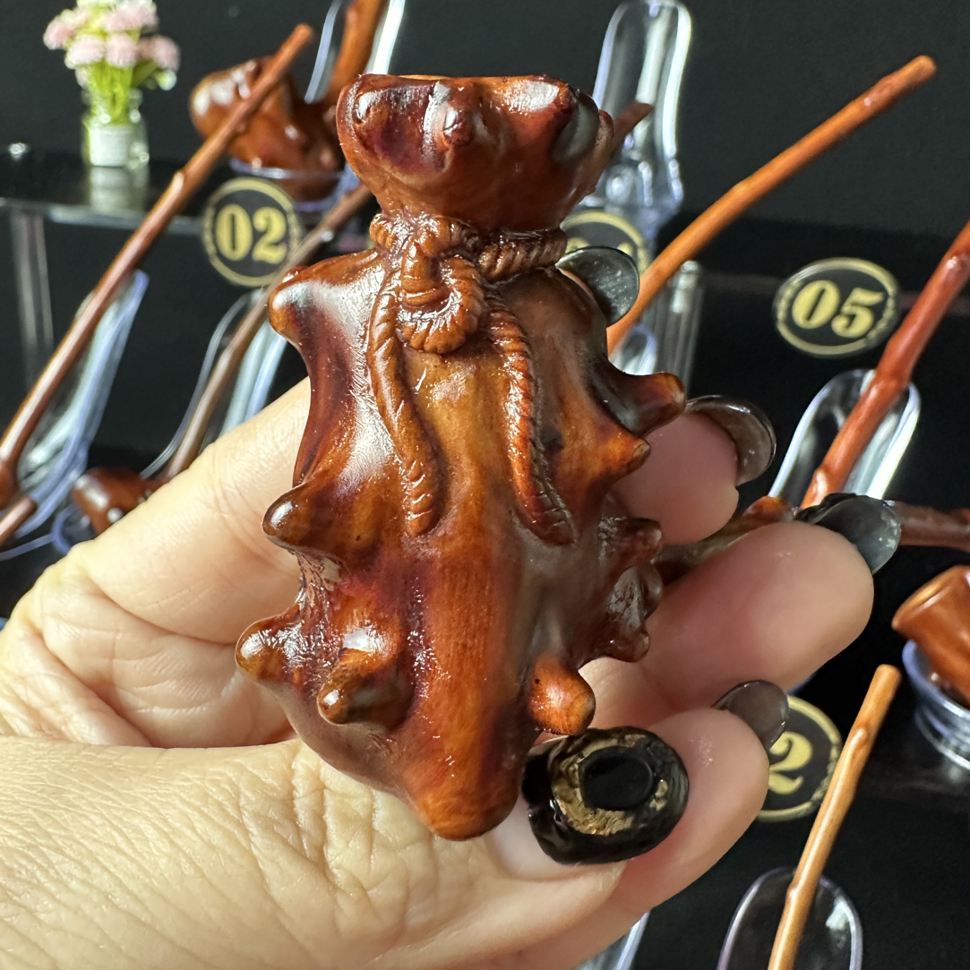 贵州手工檬子木烟斗造型钱袋子雕刻款