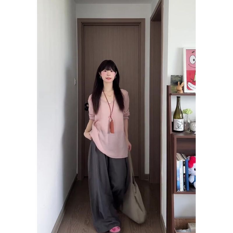 6826+6828韩系粉色慵懒长袖防晒罩衫上衣直筒休闲阔腿长裤两件套