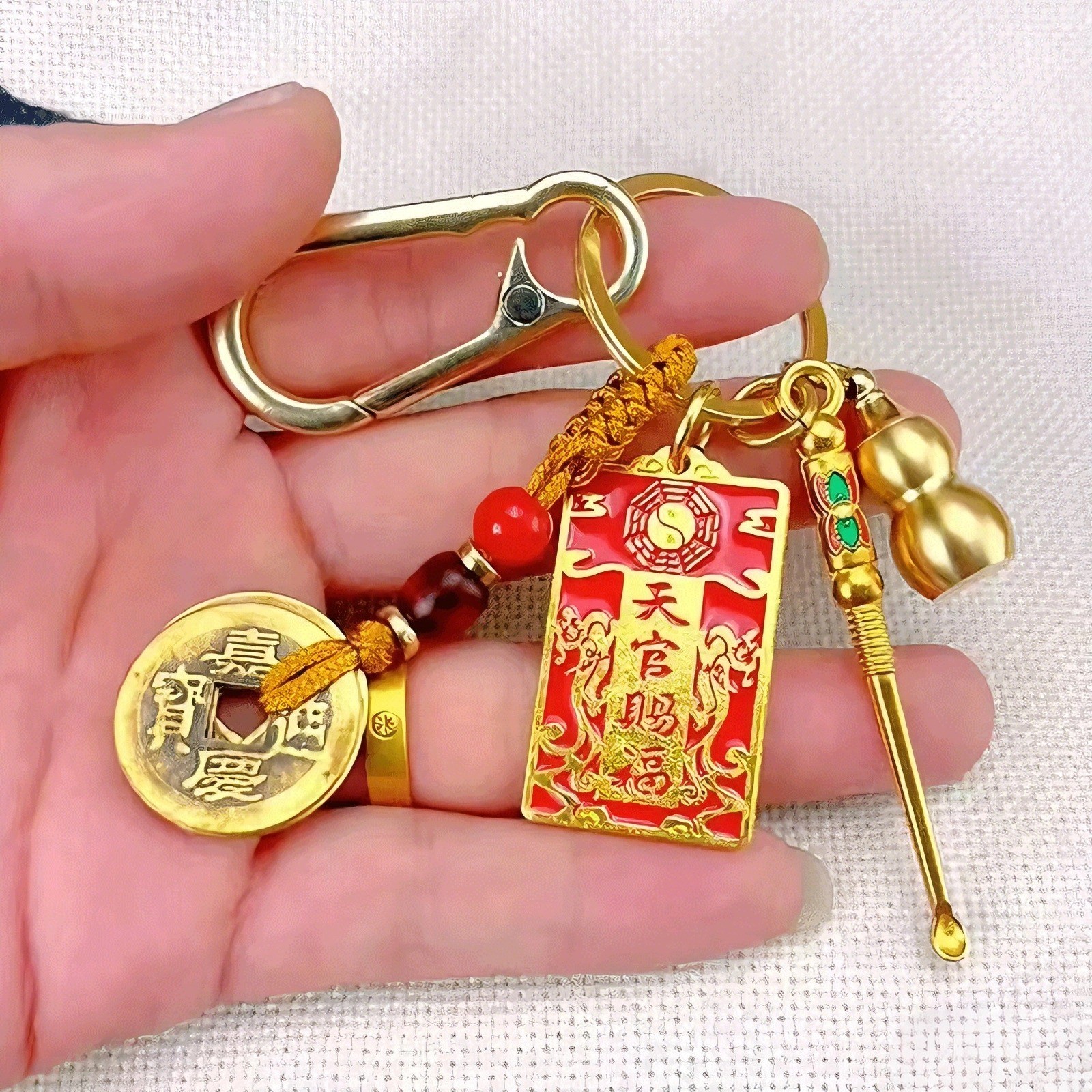 【老师推荐】天官赐福牌铜葫芦五件套随身携带汽车钥匙扣挂件带耳勺