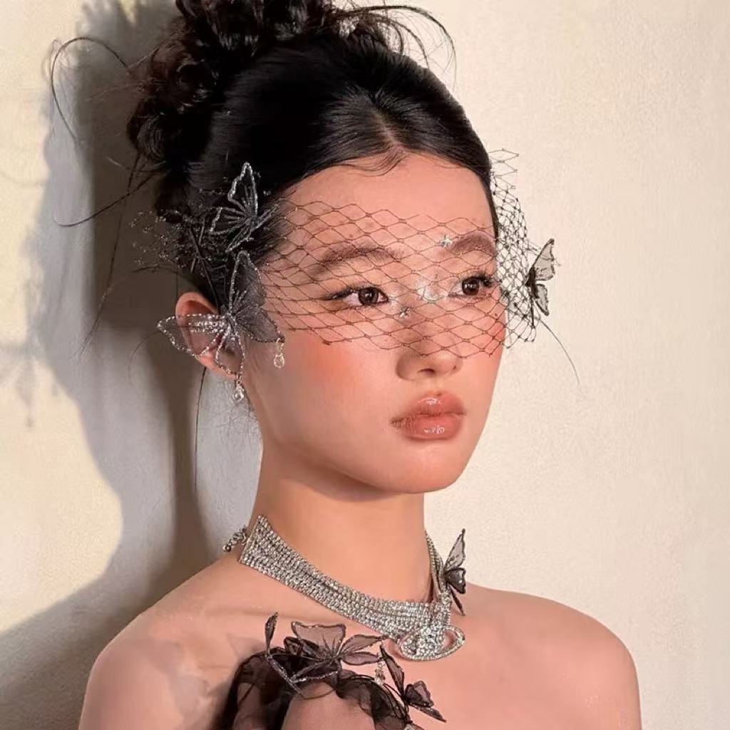 T7061法式超仙黑色蝴蝶发夹网纱遮面纱新娘结婚森系复古婚纱头饰