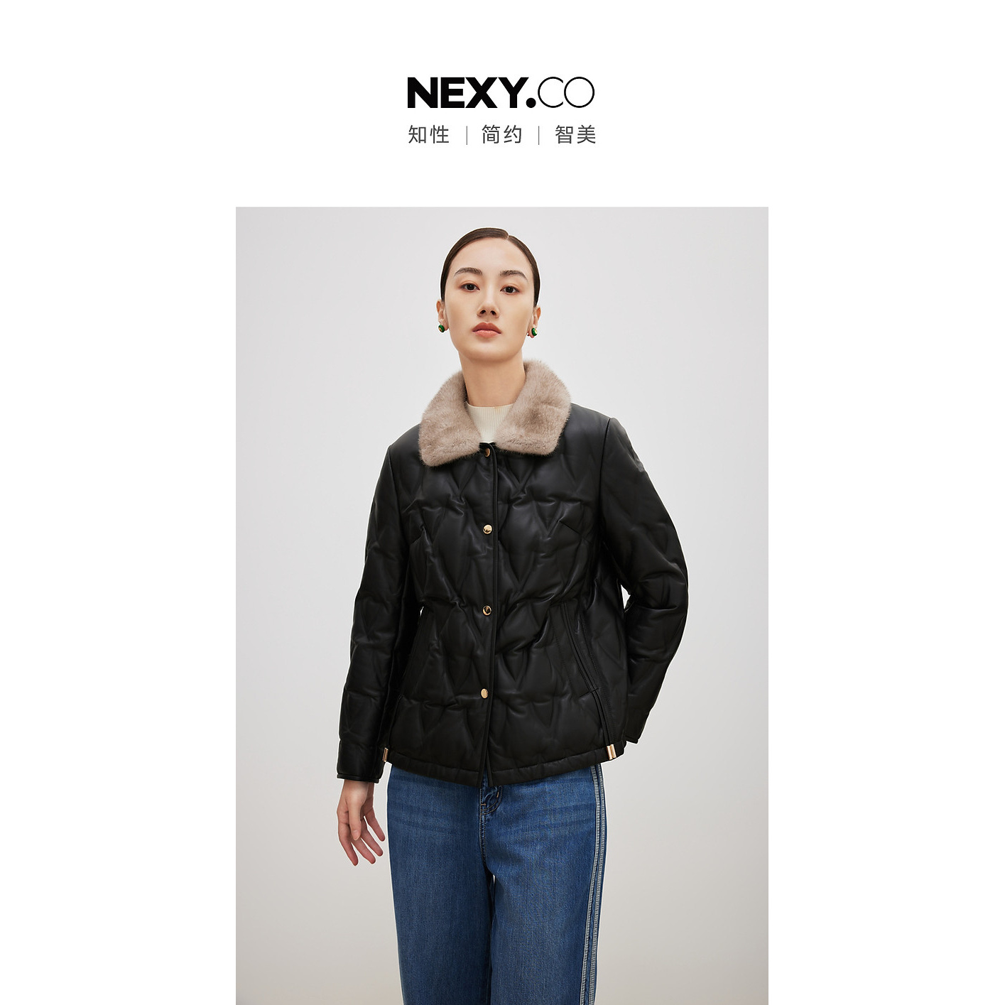 【晨粉专享价】奈蔻【绵羊皮革】水貂毛皮肌理感真皮羽绒外套
