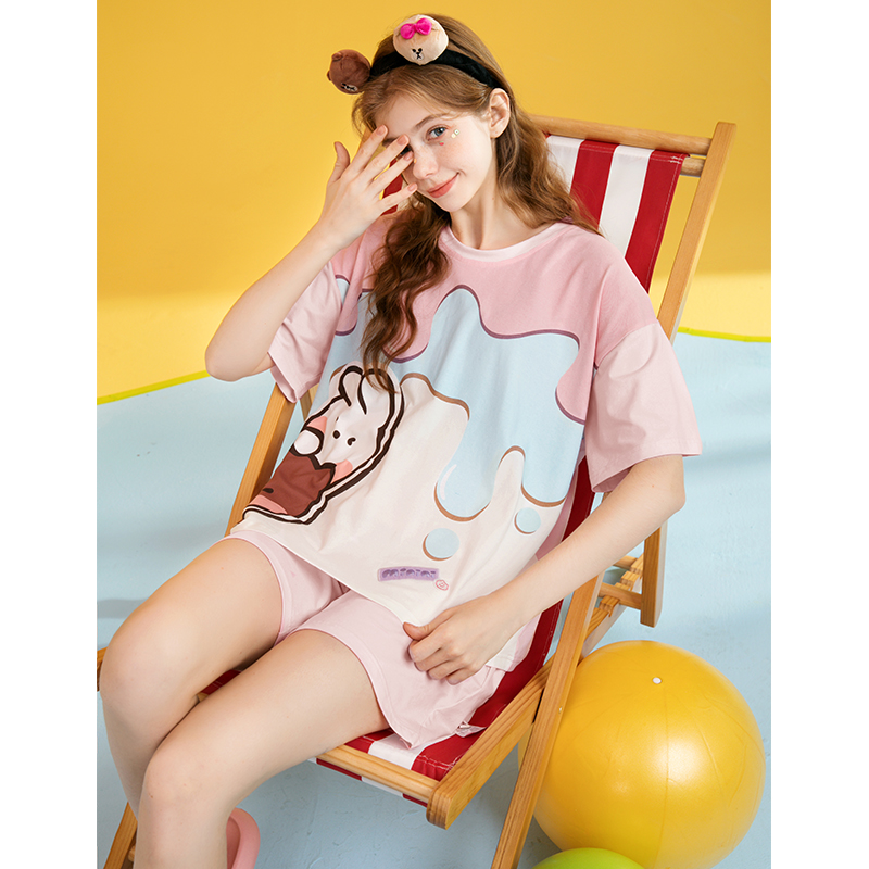 芬腾布朗熊睡衣女士纯棉短袖套装夏季薄款可爱少女甜美全棉家居服