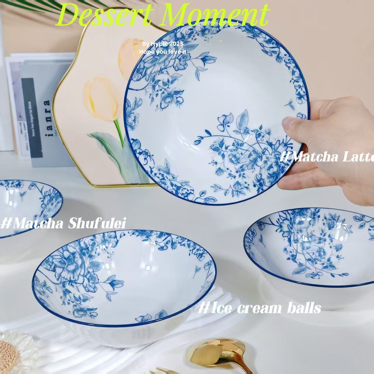 6英寸高颜值陶瓷家用创意吃饭碗兰莲花斗碗四个