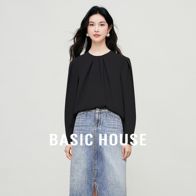 Basic House/百家好小众设计感圆领套头长袖衬衫上衣B0625B5BTQ2