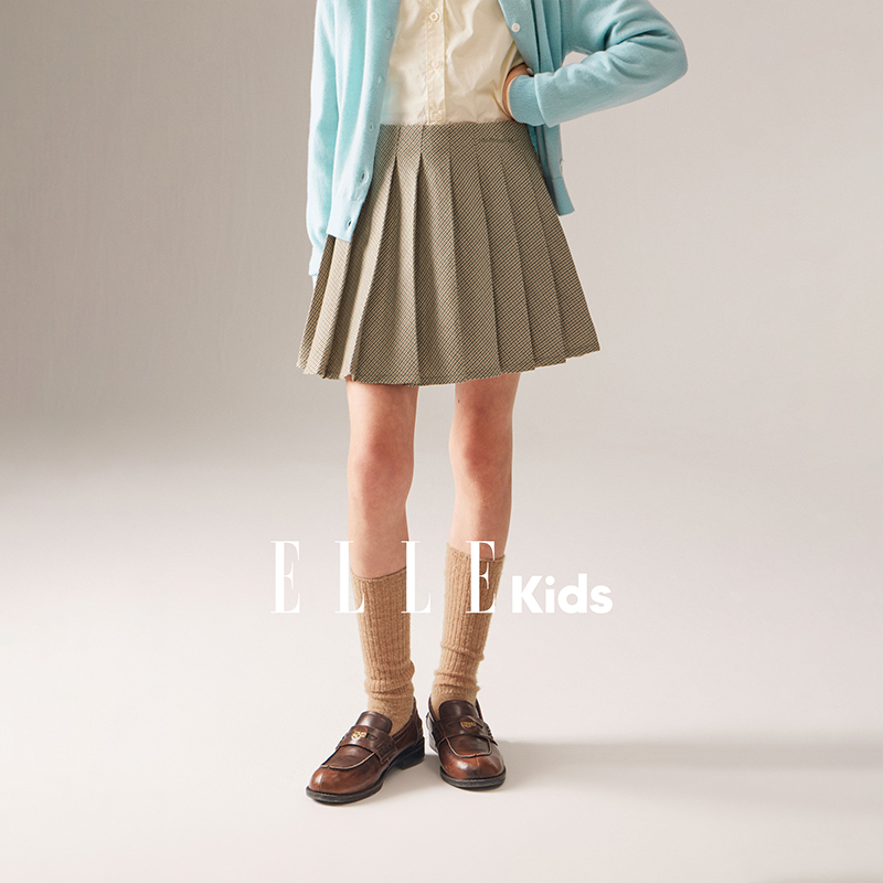 ELLE KIDS 童装复古千鸟格百褶半身裙刺绣时尚法式学院风秋季Q3
