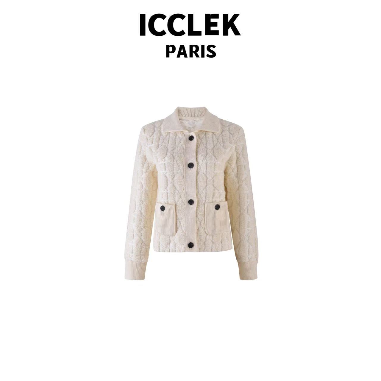 白色翻领滕格纹长袖开襟针织衫 气质 轻奢 名媛 -5104