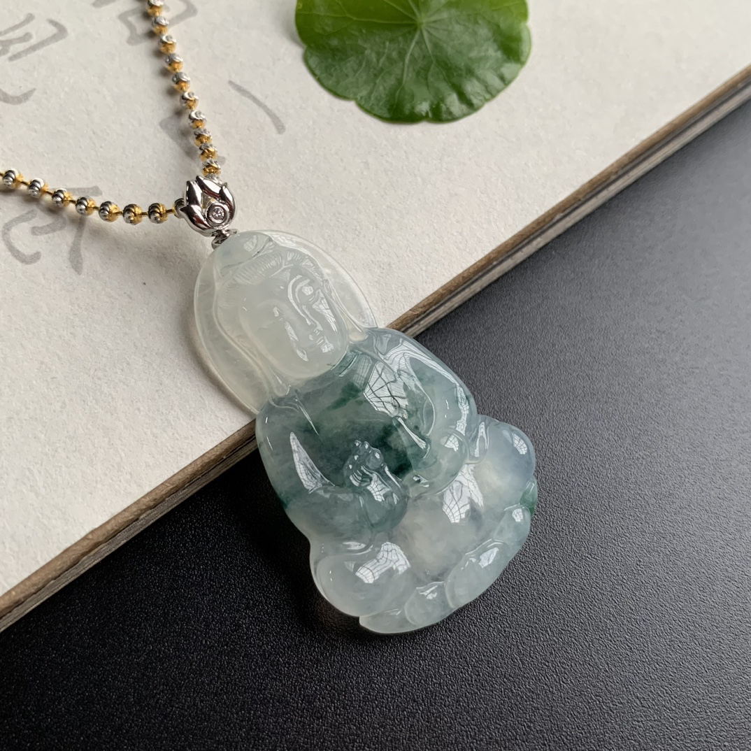 B25天然缅甸翡翠《飘花观音》吊坠气质镶嵌雕刻精美时尚