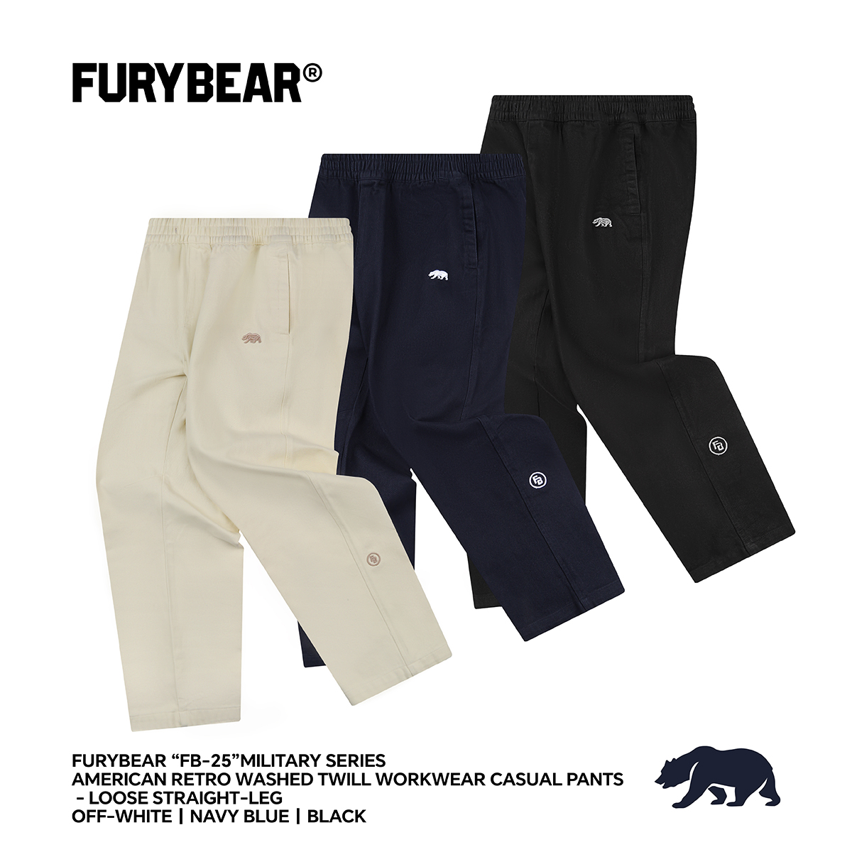 FURYBEAR秋冬简约刺绣LOGO美式复古水洗粗斜纹工装直筒宽松版长裤