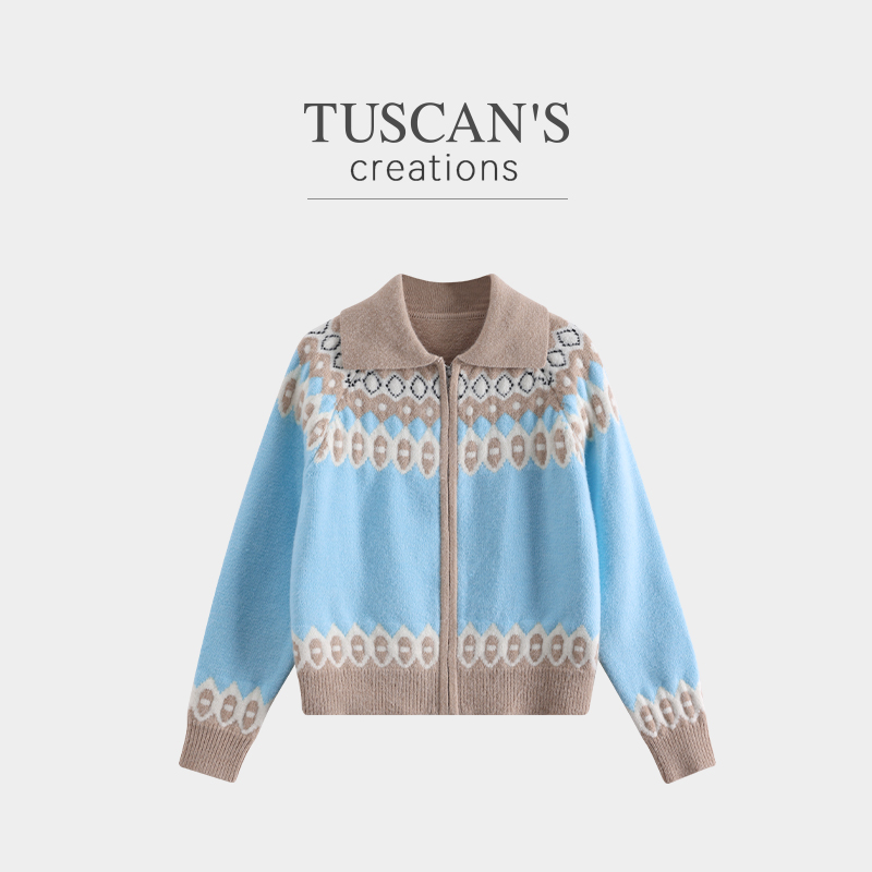 TUSCAN'S CREATIONS翻领宽松复古气质毛针织衫时尚女时代双鱼