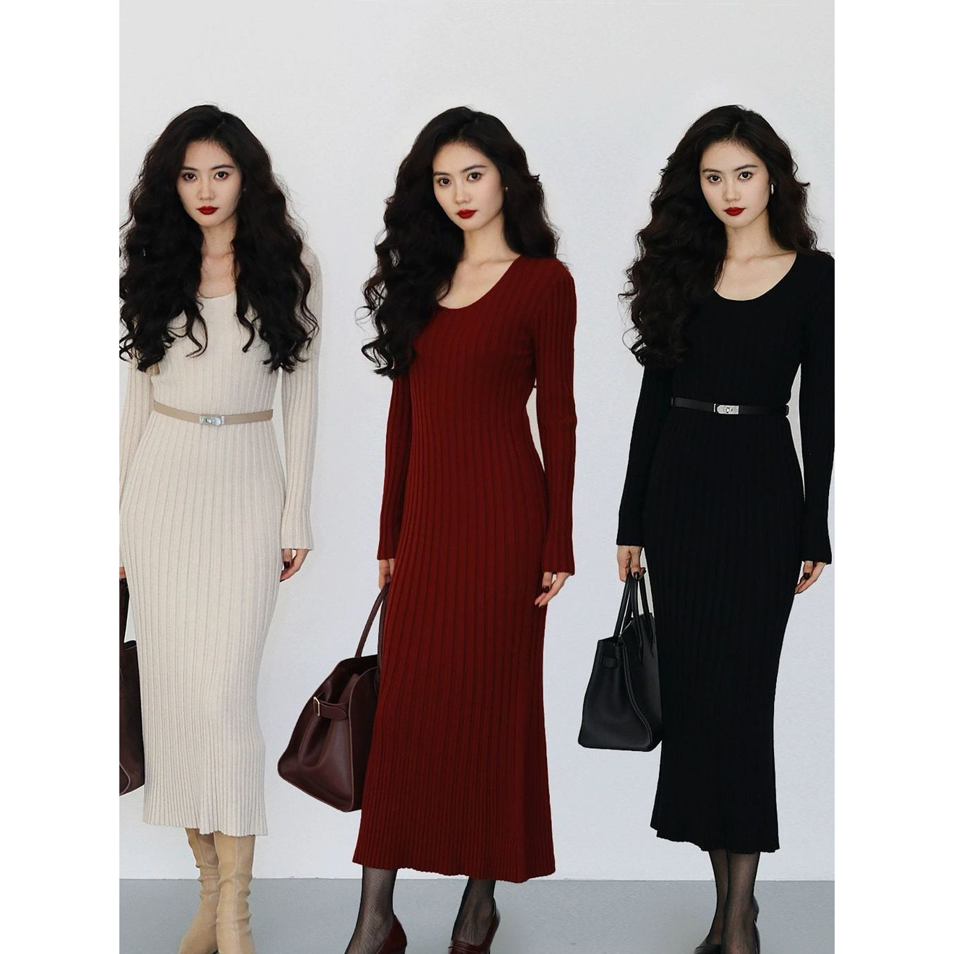 U领坑条毛衣连衣裙女2025秋冬新款垂感配大衣内搭打底针织长裙子