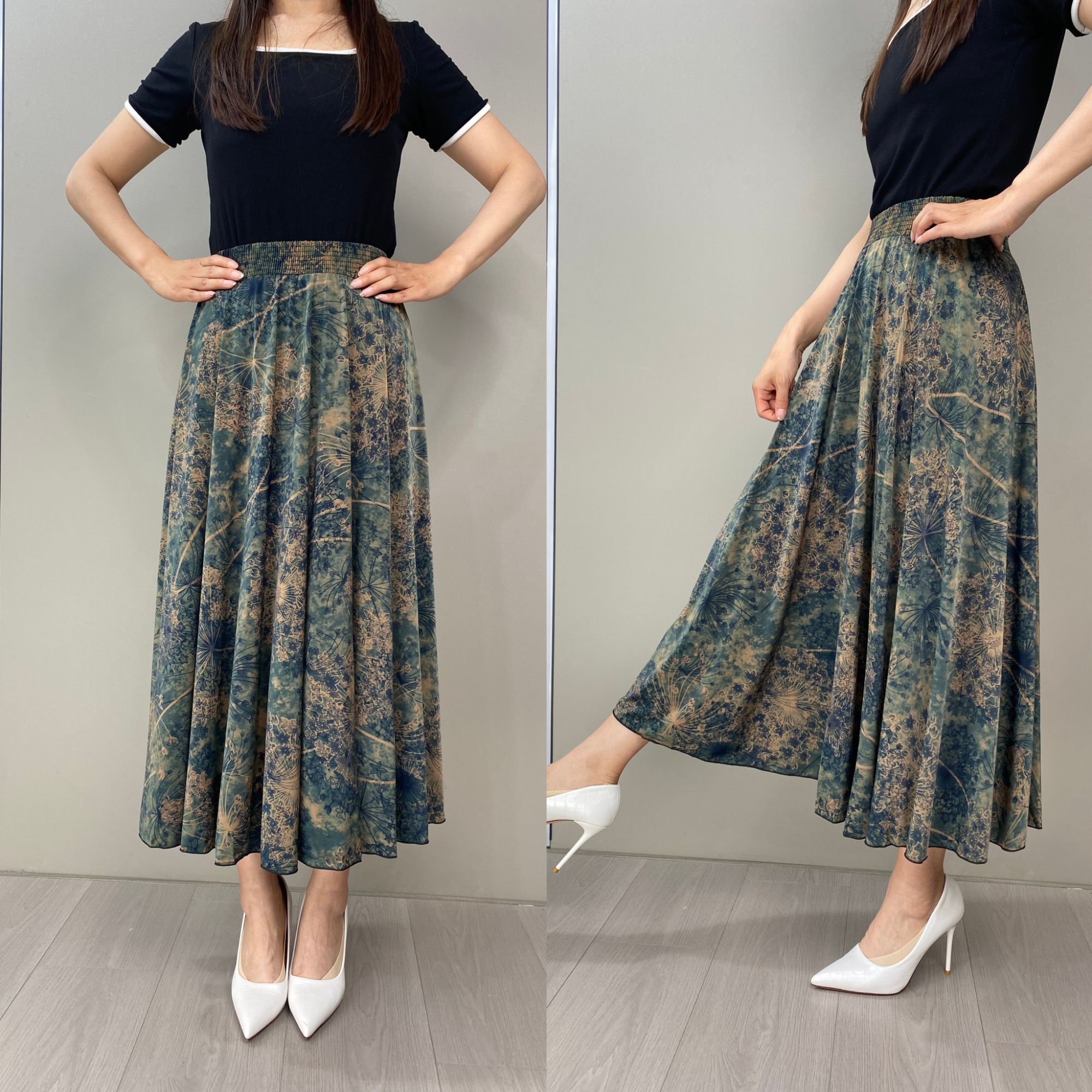 新款夏季中长款气质高腰显瘦A字版百褶碎花女士半身裙.百搭裙子