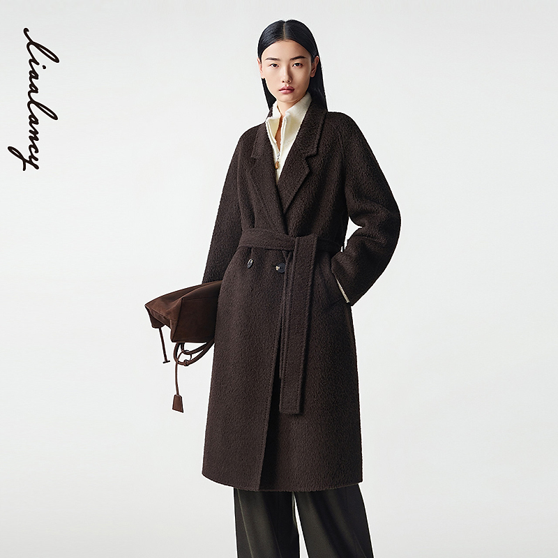 LANCY/朗姿2025冬新款羊毛羊驼毛老钱风双面呢长大衣女西装领外套